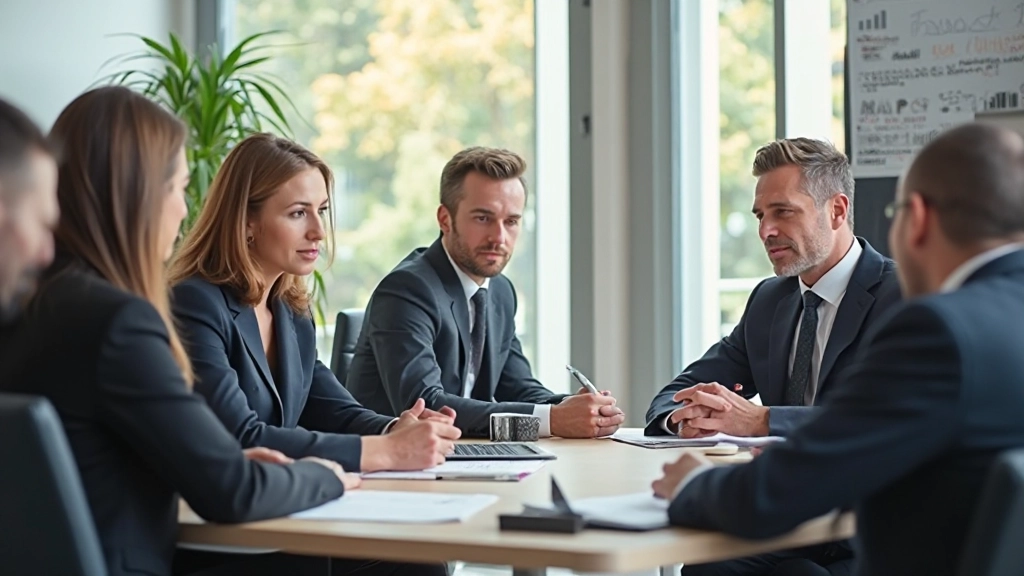 Diverse Gruppe von Fachleuten sitzt zusammen in modernem Meeting-Raum und diskutiert