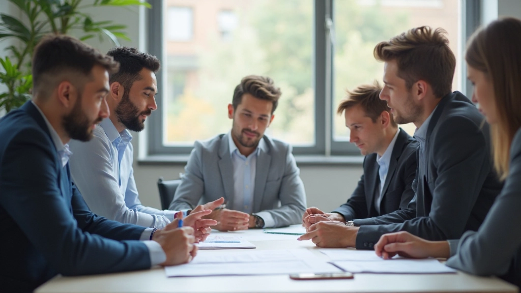 Diverse Gruppe von Fachleuten um einen Tisch sitzend, vollständig bekleidet, schauen auf Diagramme und Notizen, helles Büro mit Fensterbeleuchtung, zusammenarbeitende Atmosphäre