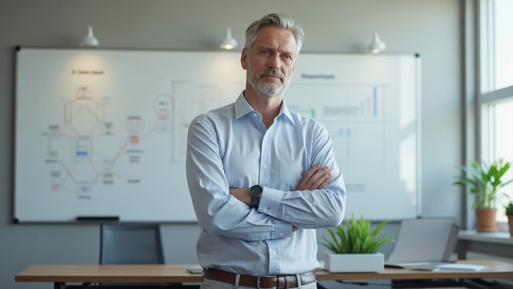 Geschäftsmann mittleren Alters, vollständig bekleidet, lehnt sich selbstbewusst an Schreibtisch an, hinter ihm Whiteboard mit Strategiediagrammen, helles modernes Büro, motivierender Ausdruck