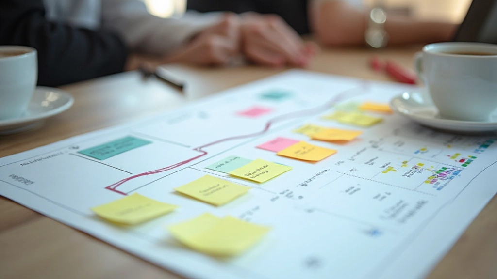 Nahaufnahme eines Projektplans mit farbigen Klebezetteln, Zeitachse und Meilensteinen auf Papier, Schreibtisch mit Stift