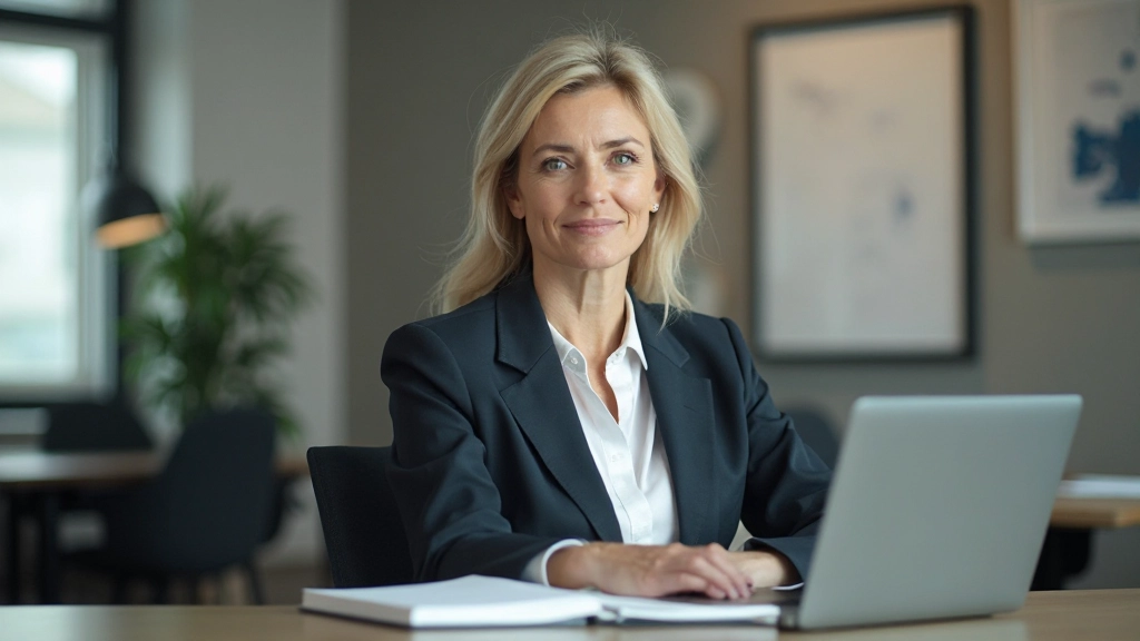 Professionelle Frau mittleren Alters, vollständig bekleidet in Geschäftskleidung, sitzt an Schreibtisch mit Laptop und Notizbuch, konzentrierter Blick, modernes Büro, natürliche Beleuchtung, unscharfer Hintergrund