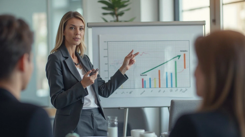 Geschäftsfrau mittleren Alters, vollständig bekleidet in Blazer, präsentiert vor Flipchart mit Strategie-Diagramm, engagiertes Team sitzt und hört zu, modernes Konferenzraum-Setting