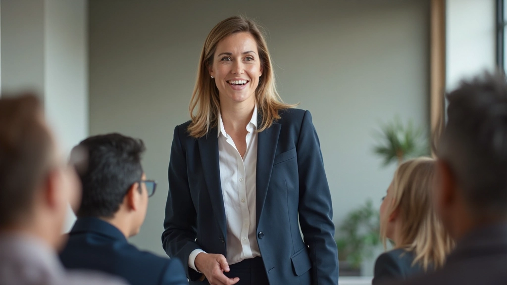 Professioneller Coachin beim Führungstraining mit Teilnehmern in modernem Konferenzraum