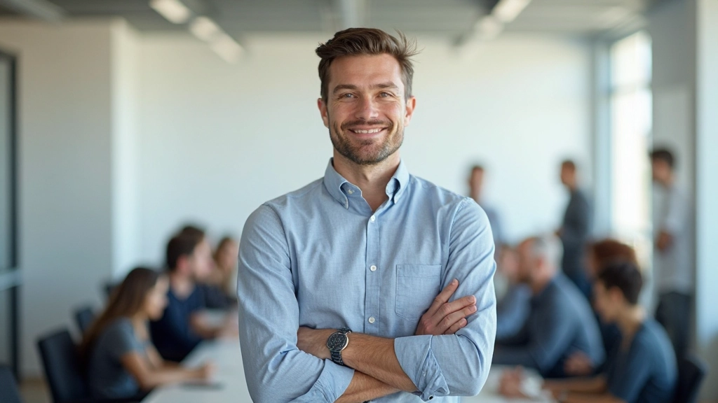 Mann mittleren Alters in Geschäftskleidung spricht vor einem Team in modernem Konferenzraum