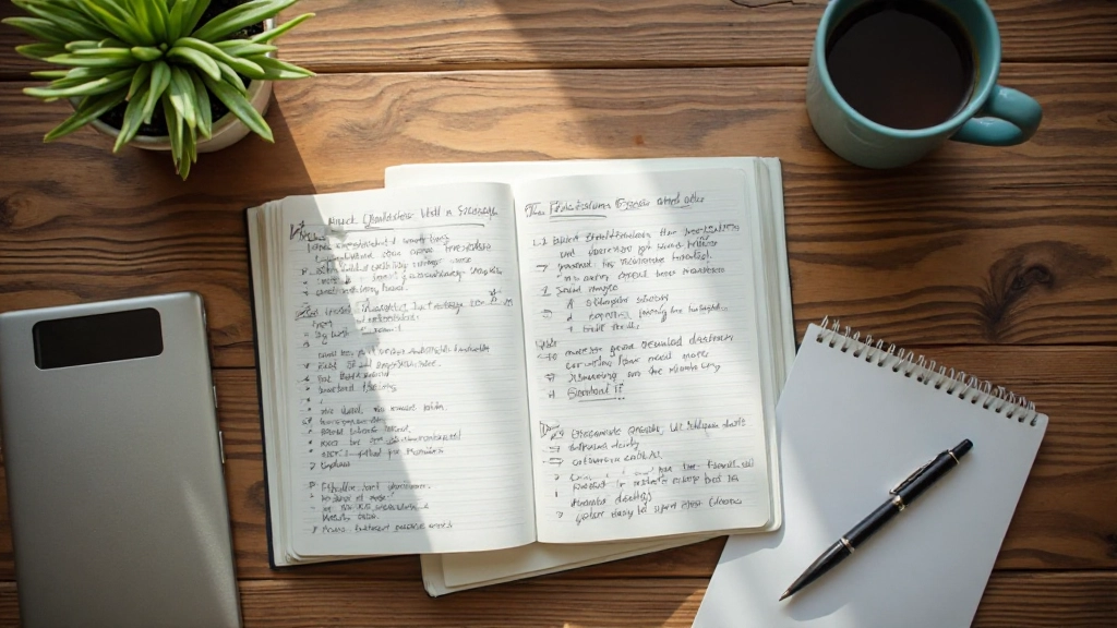 Notizbuch mit handschriftlichen Notizen auf Schreibtisch mit Kaffee und Stift
