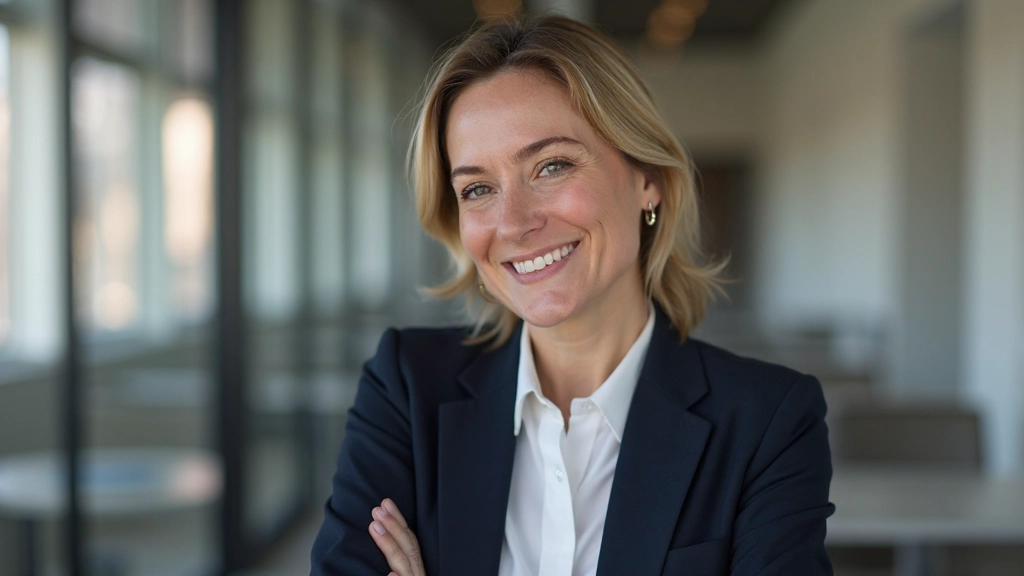 Professionelle Frau mittleren Alters mit dunklem Blazer sitzt selbstbewusst an ihrem Schreibtisch